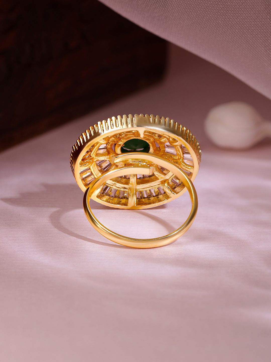 Dhiyona RJ Women's Premium 22k Gold-Plated Green Emerald and Zirconia Studded Adjustable Finger Ring
