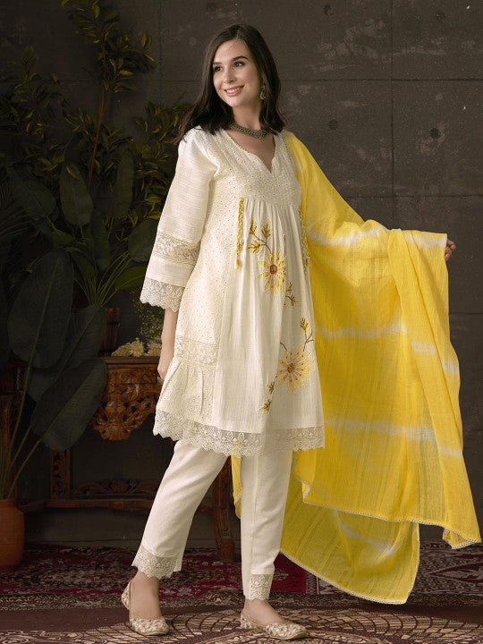 Women's Embroidered Pleated Chikankari Pure Cotton A-Line Kurta With Trousers & Dupatta