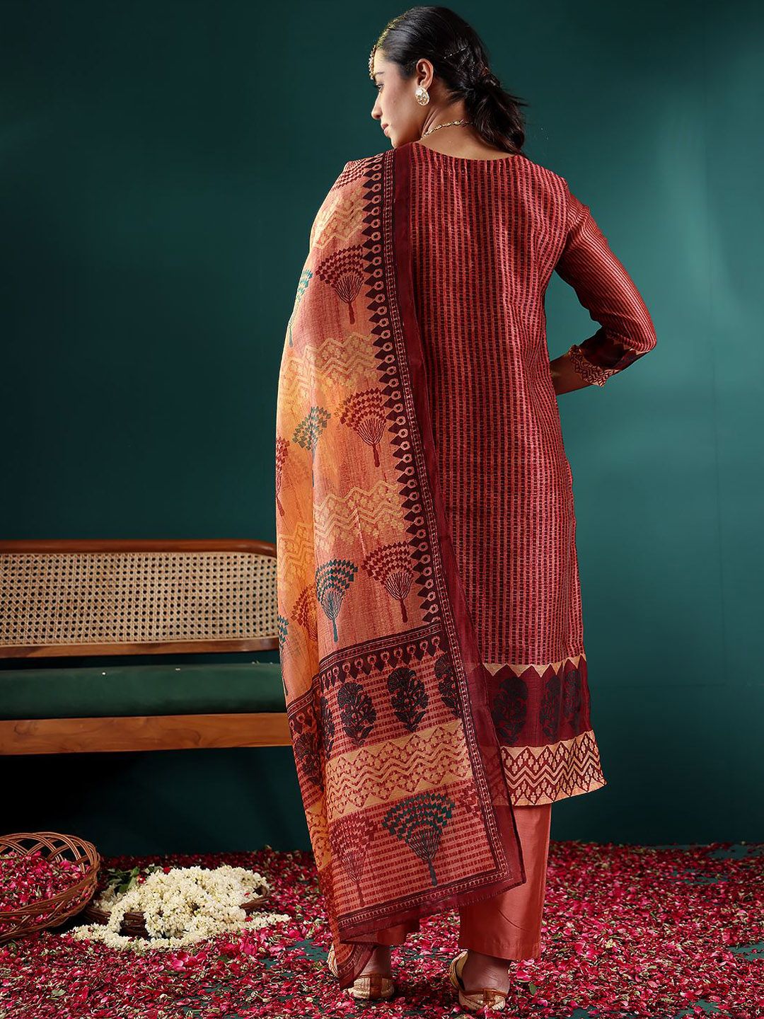 Dhiyona VA Women's Printed Regular Sequinned Chanderi Silk Kurta with Trousers & With Dupatta