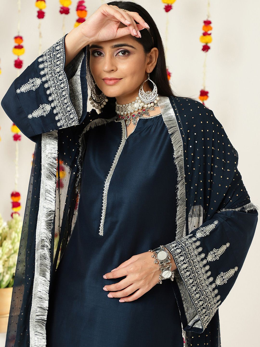 Dhiyona VA Women'sEthnic Motifs Zari Embroidered Regular Kurta With Trousers & With Dupatta