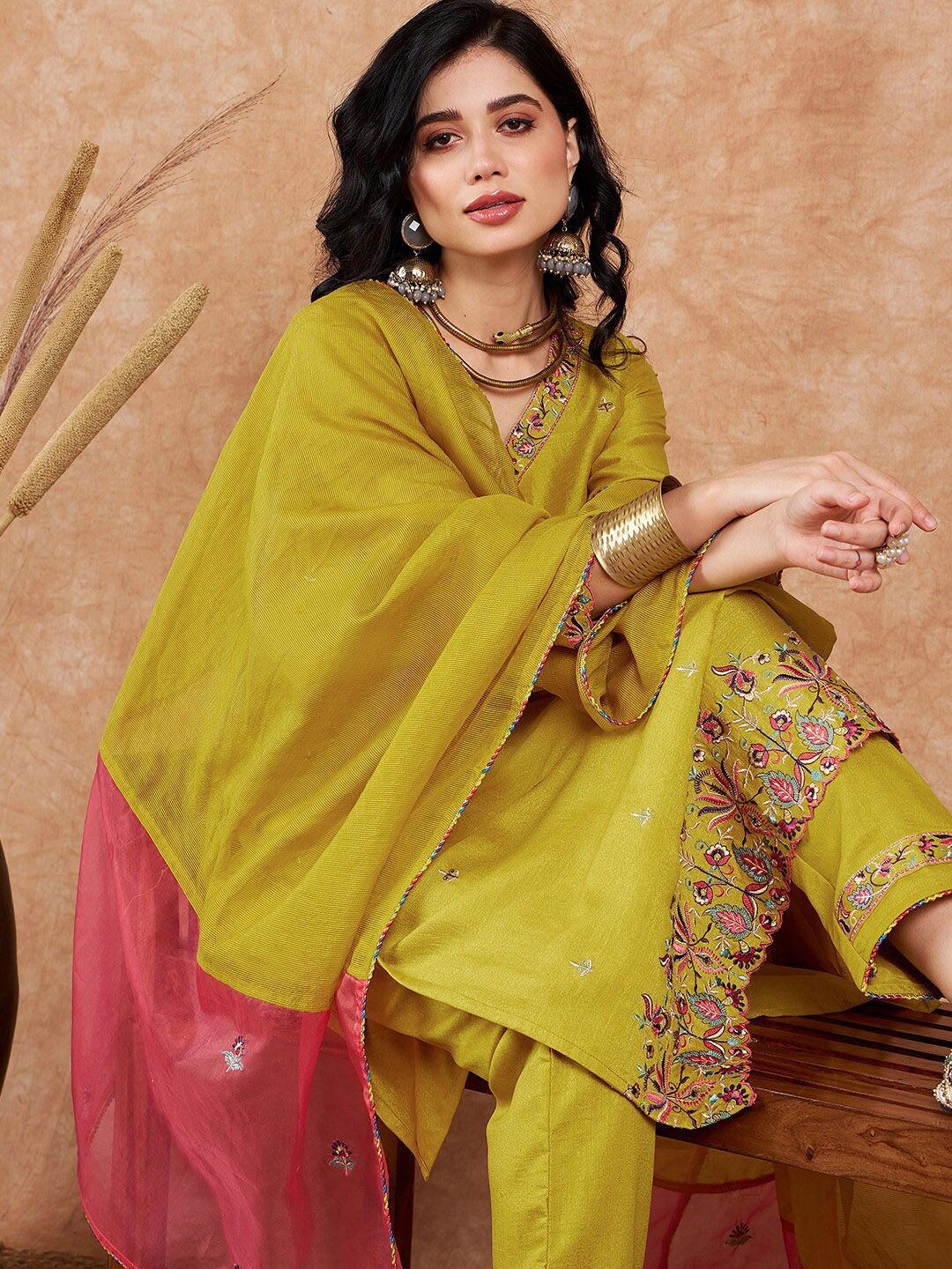 Dhiyona SN Women's Ethnic Motifs Embroidered V-Neck Kurta & Trousers With Dupatta