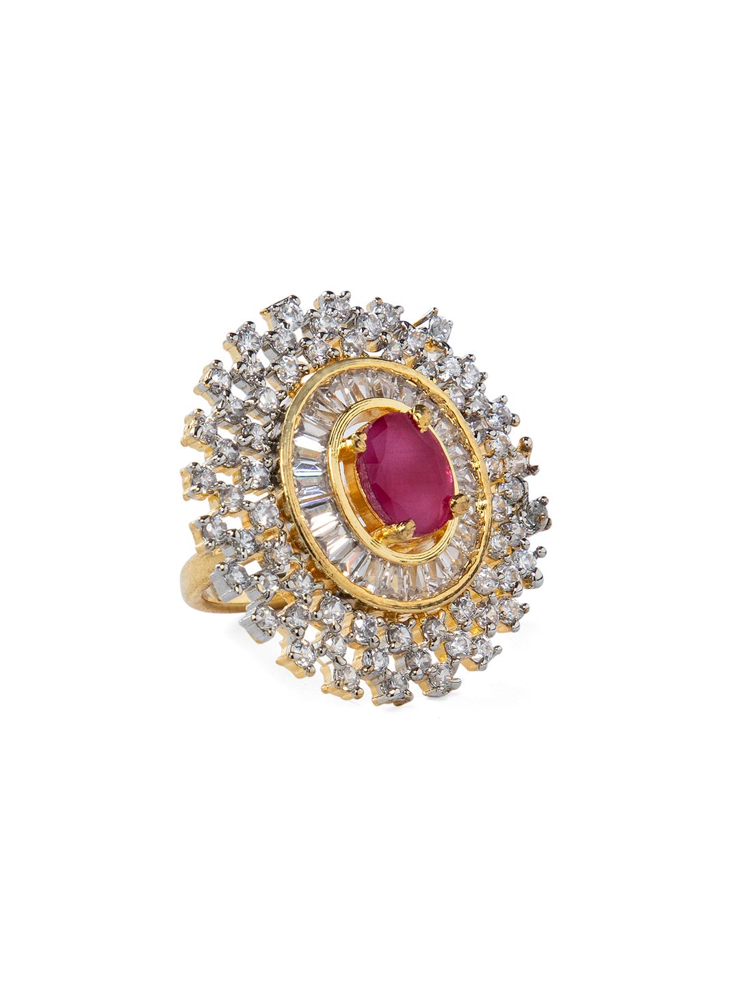 Dhiyona RJ Women's Rhodium-Plated Ruby Pink AD & White Cubic Zirconia Studded Adjustable Finger Ring