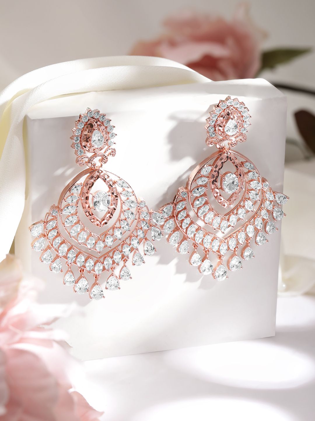 Dhiyona RJ Women's 22K Rose Gold-Plated White Cubic Zirconia Studded Statement Chandelier Earrings