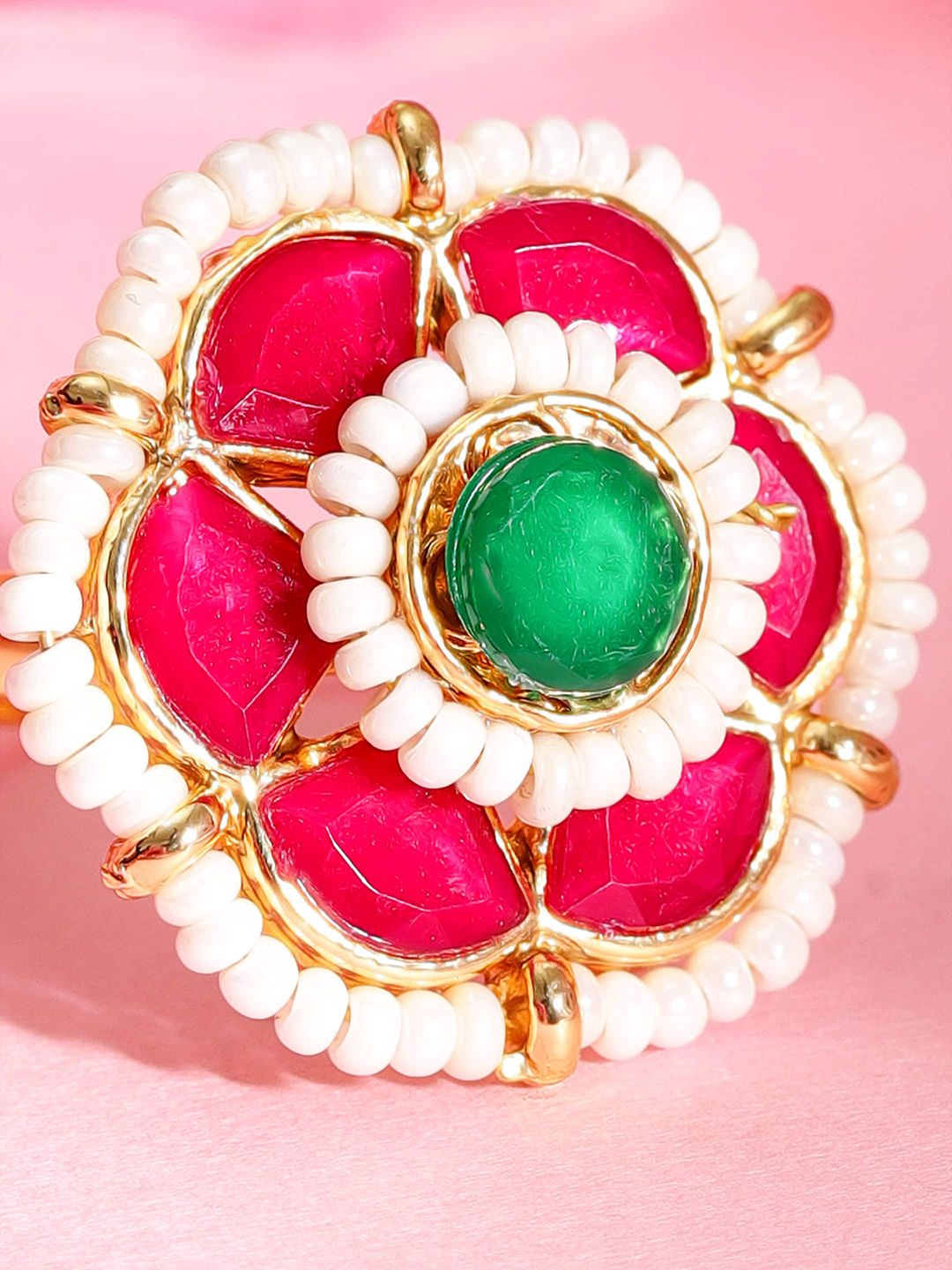 Dhiyona RJ Women's 18K Gold Plated Pink & Green Kundan Studded, Pearls Beaded Adjustable Finger Ring