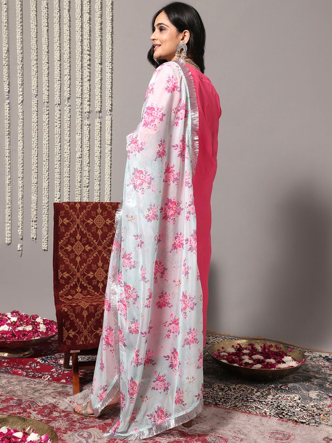 Dhiyona VA Women's Pink Yoke Design Sequinned Chanderi Silk Kurta with Palazzos & With Dupatta