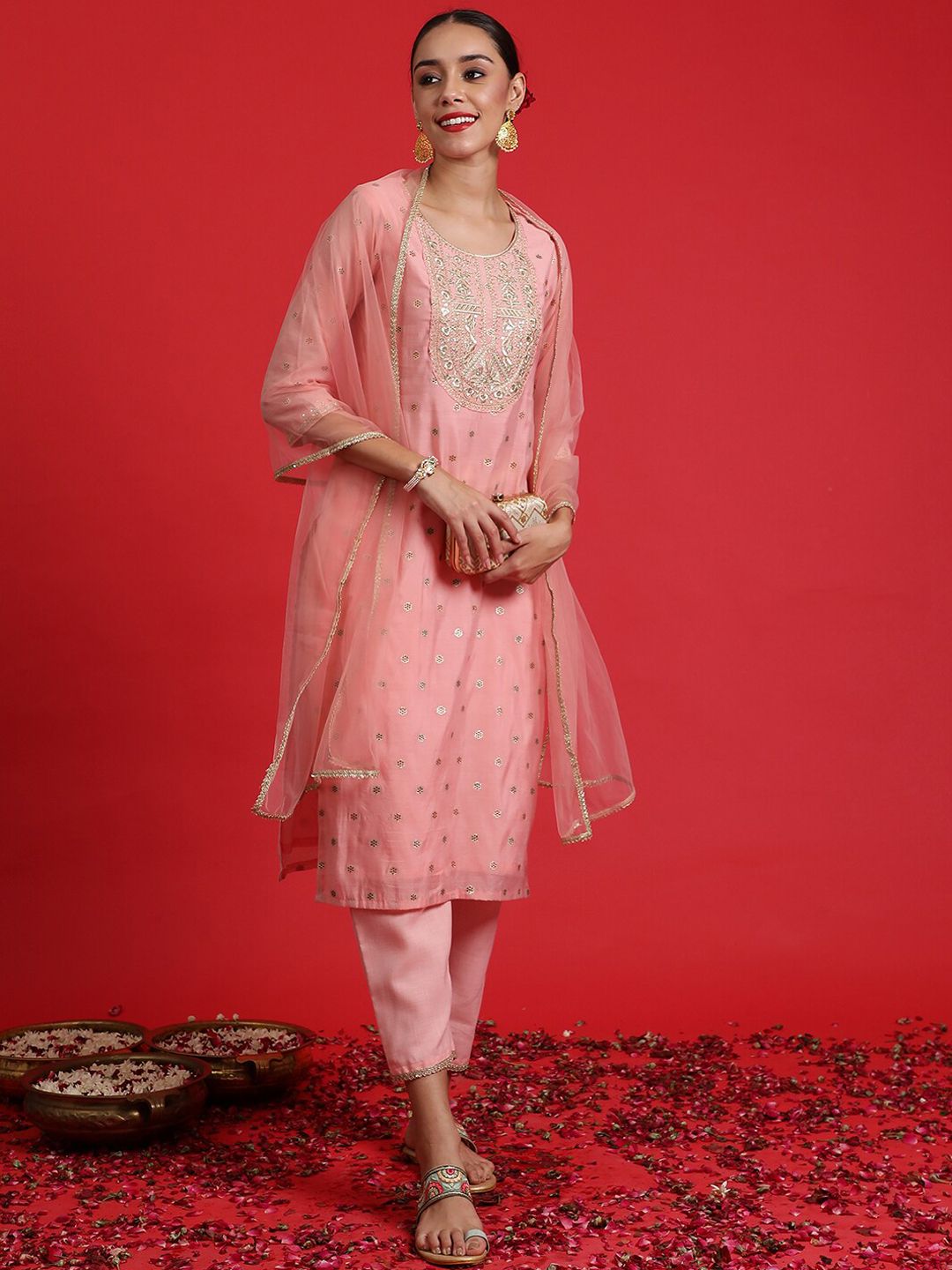 Dhiyona IE Ethnic Motifs Embroidered Regular Sequinned Kurta with Trousers & Dupatta