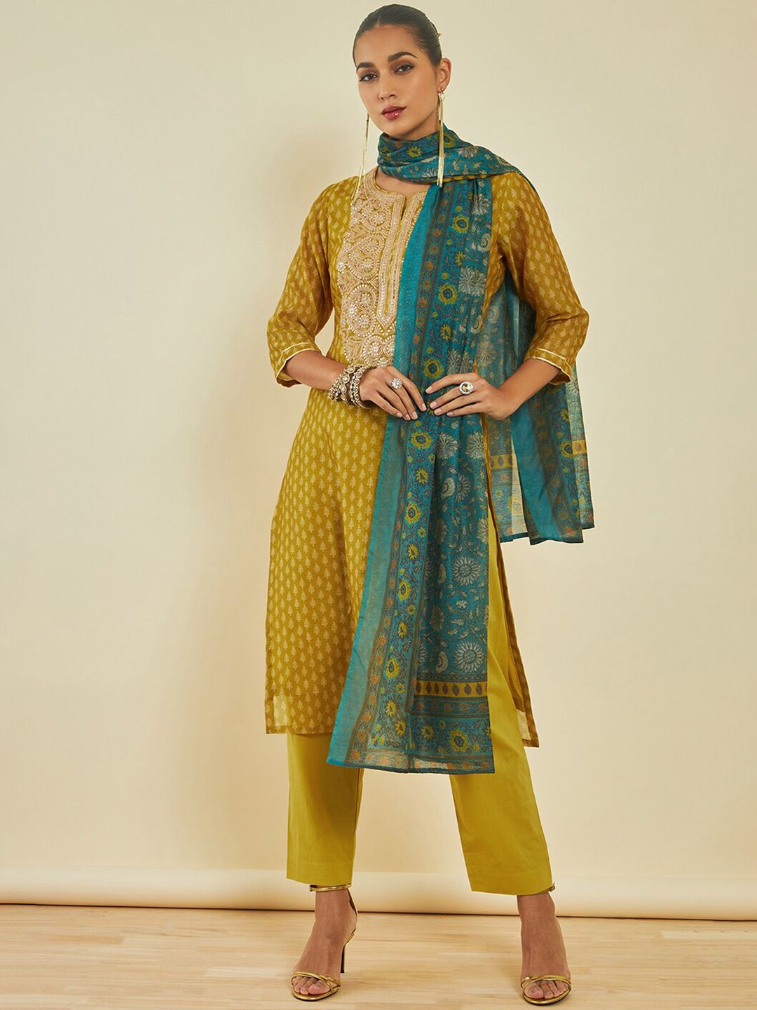 Dhiyona SO Women's Ethnic Motifs Printed Sequinned Chanderi Silk Kurta With Trousers & With Dupatta