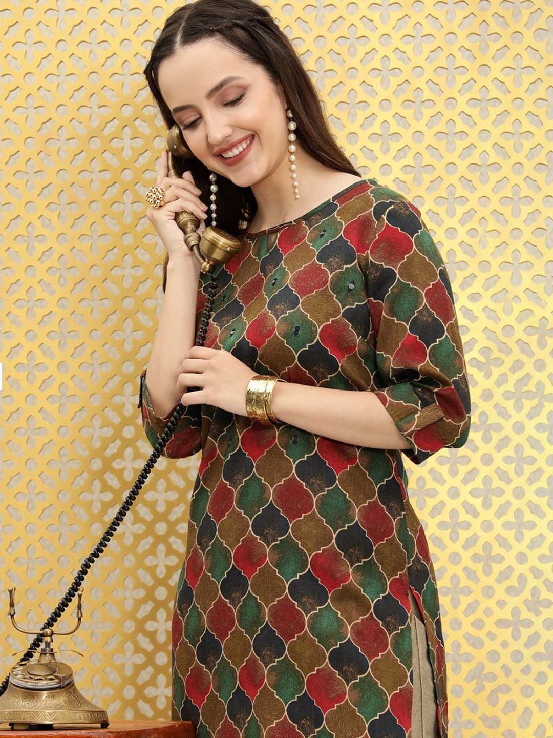 Dhiyona OD Ethnic Motifs Printed Boat Neck Mirror Work Detailed Kurta