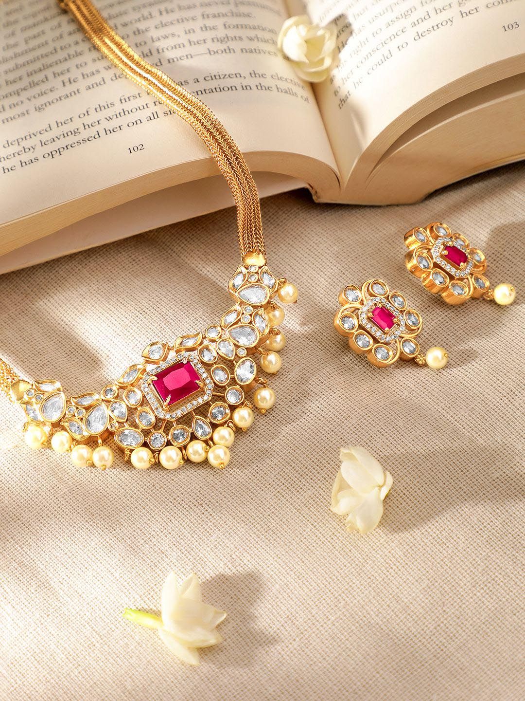 Dhiyona RJ Women's 22K Gold-Plated Ruby & Cubic Zirconia Studded Necklace Set with Pearl Accents