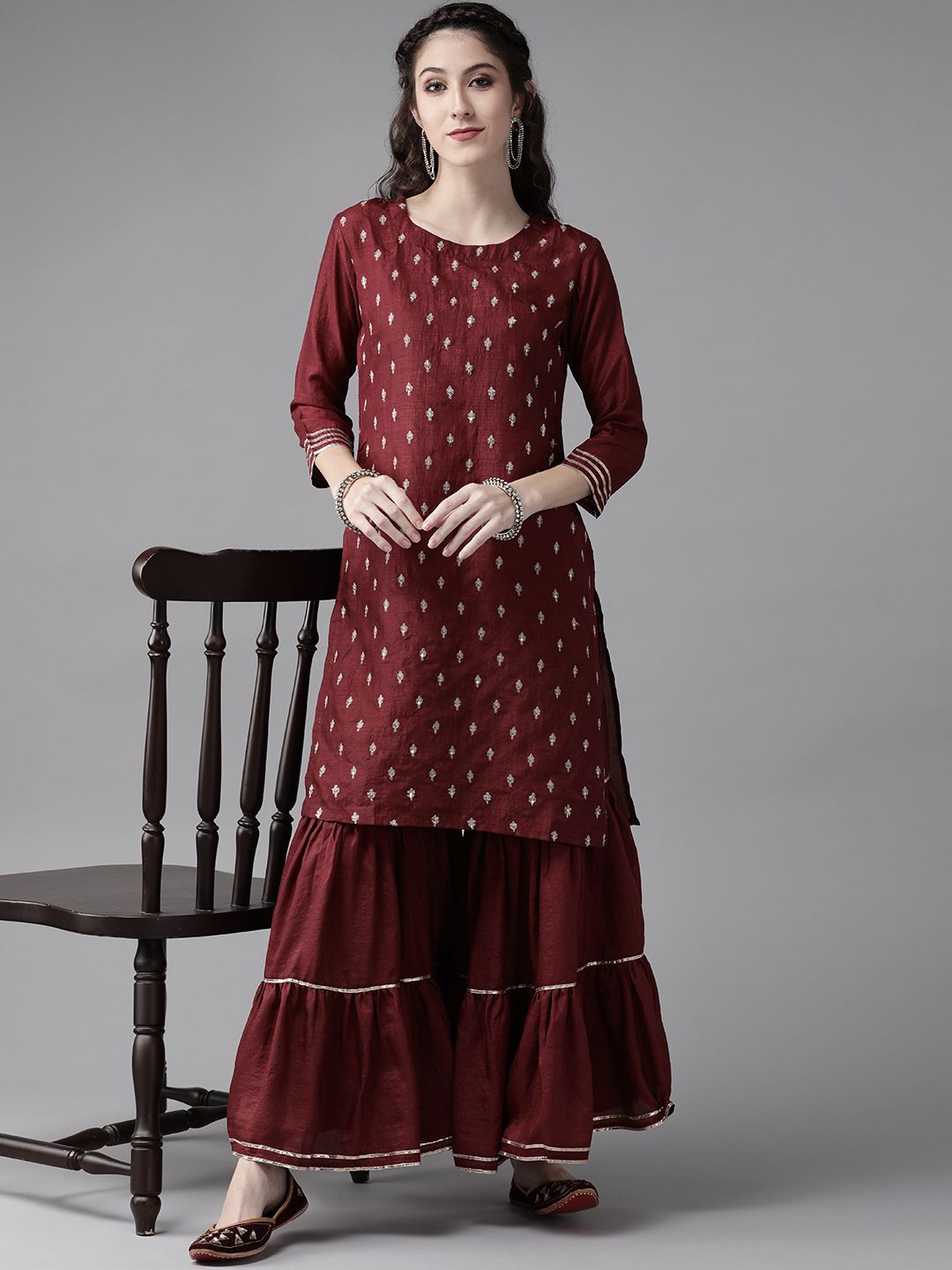 Dhiyona IE Women Maroon & Godlen Embroidered Gotta Patti Kurta with Sharara