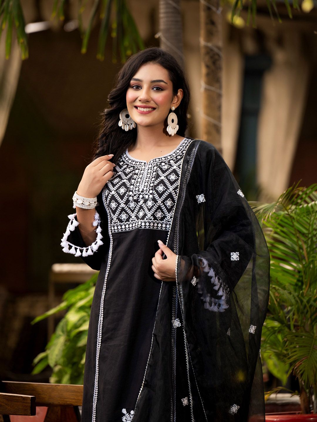 Dhiyona VA Women'sEthnic Motif Thread Embroidered A-Line Kurta With Afghani Trousers & Dupatta