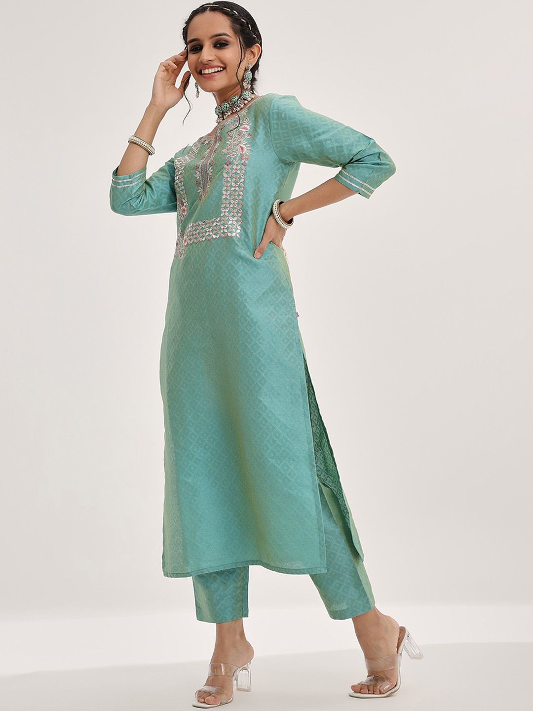 Dhiyona VA Women'sFloral Yoke Design Gotta Patti Kurta & Trousers With Dupatta