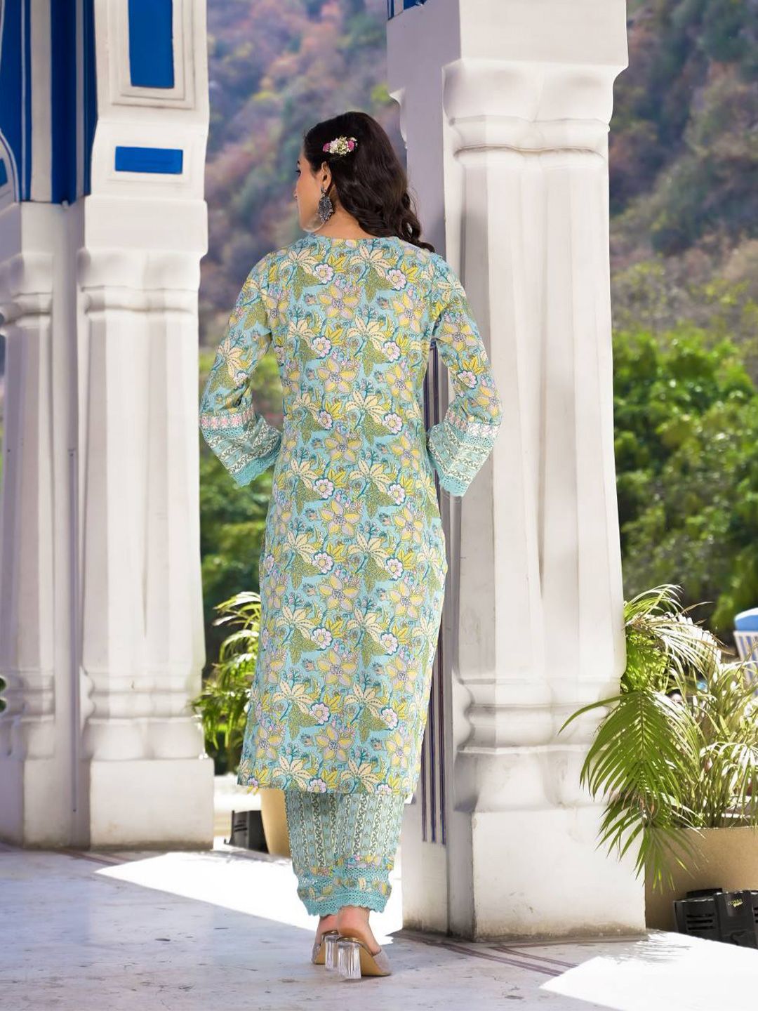 Dhiyona VA Women'sFloral Printed Regular Mirror Work Pure Cotton Kurta With Trouser & Dupatta
