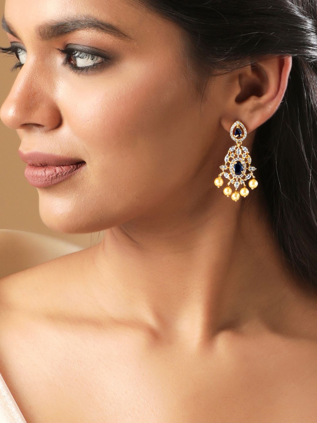 Dhiyona RJ Women's 18K Gold Plated Blue Sapphire and CZ Studded Gold Beaded Handcrafted Drop Earrings