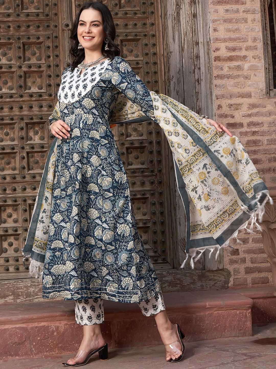 Dhiyona SN Women's Navy Blue Floral Printed Pure Cotton Anarkali Kurta With Trouser & Dupatta