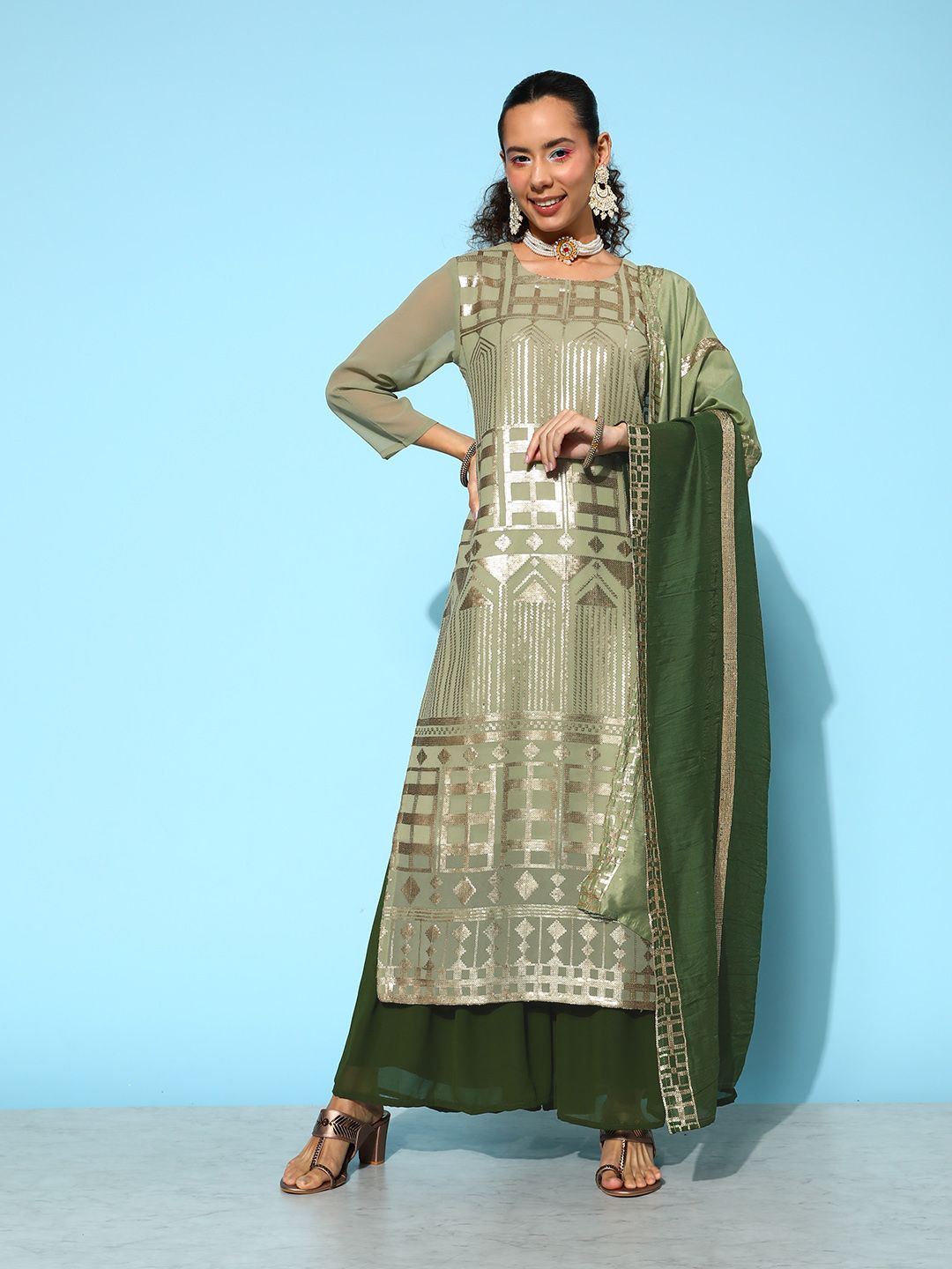 Dhiyona VA Women's Green Embroidered Sequinned Kurta With Sharara & Dupatta