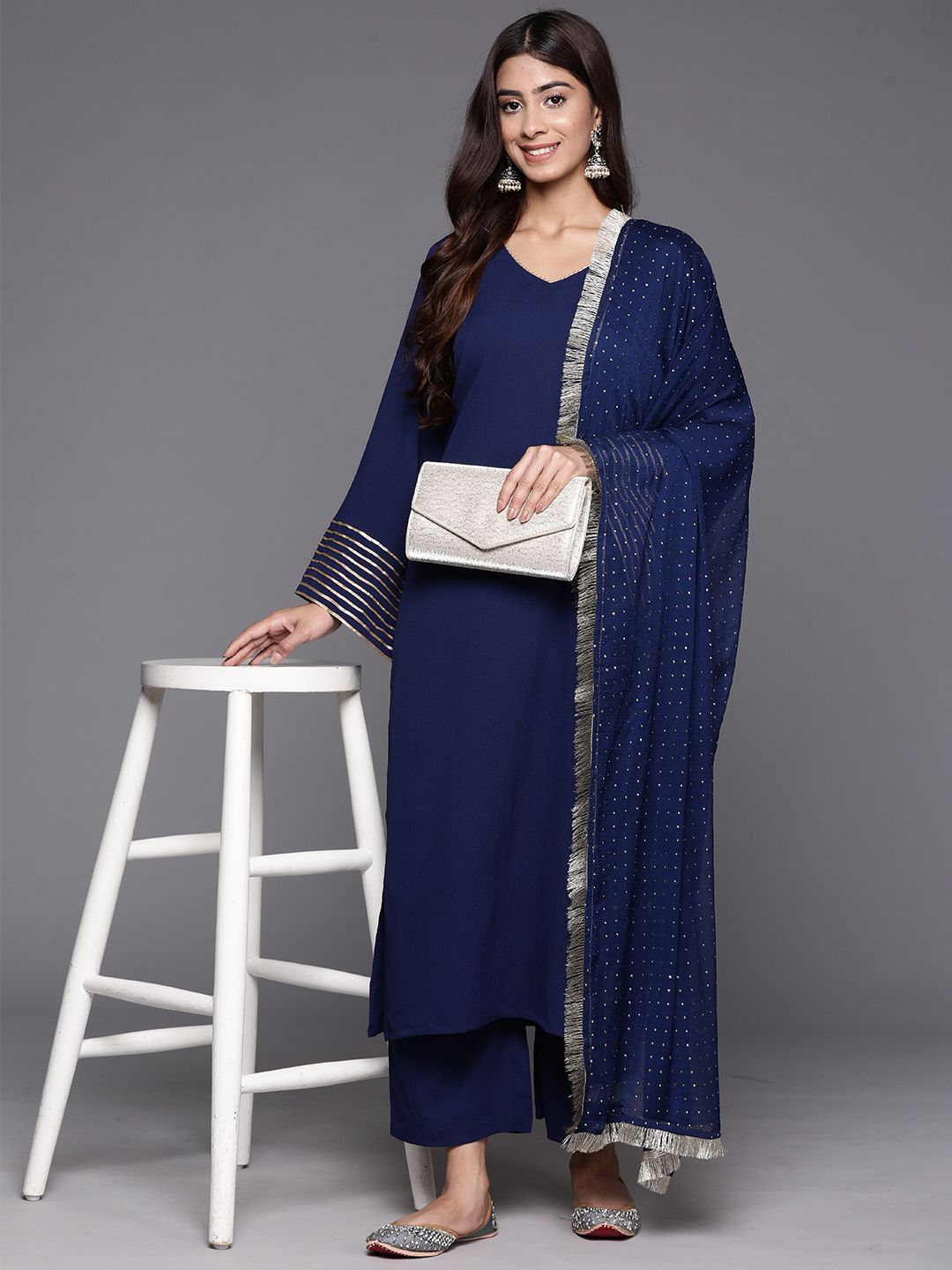 Dhiyona VA Women'sNavy Blue V Neck Flared sleeves Kurta with trouser and dupatta