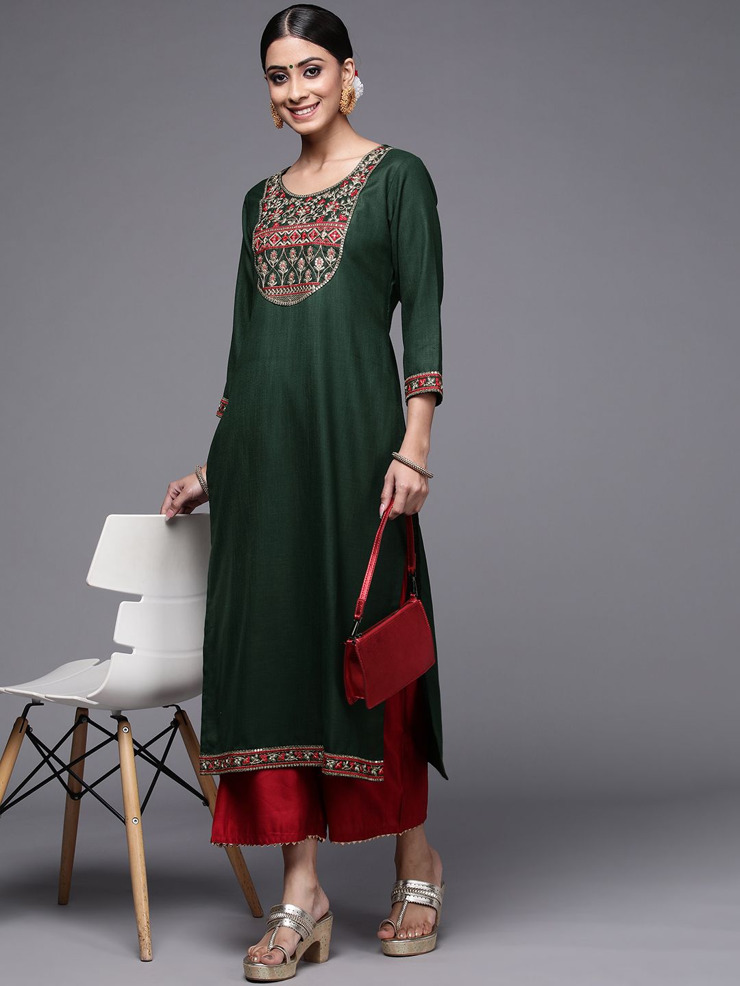 Dhiyona IE Women Green Ethnic Motifs Yoke Design Kurta