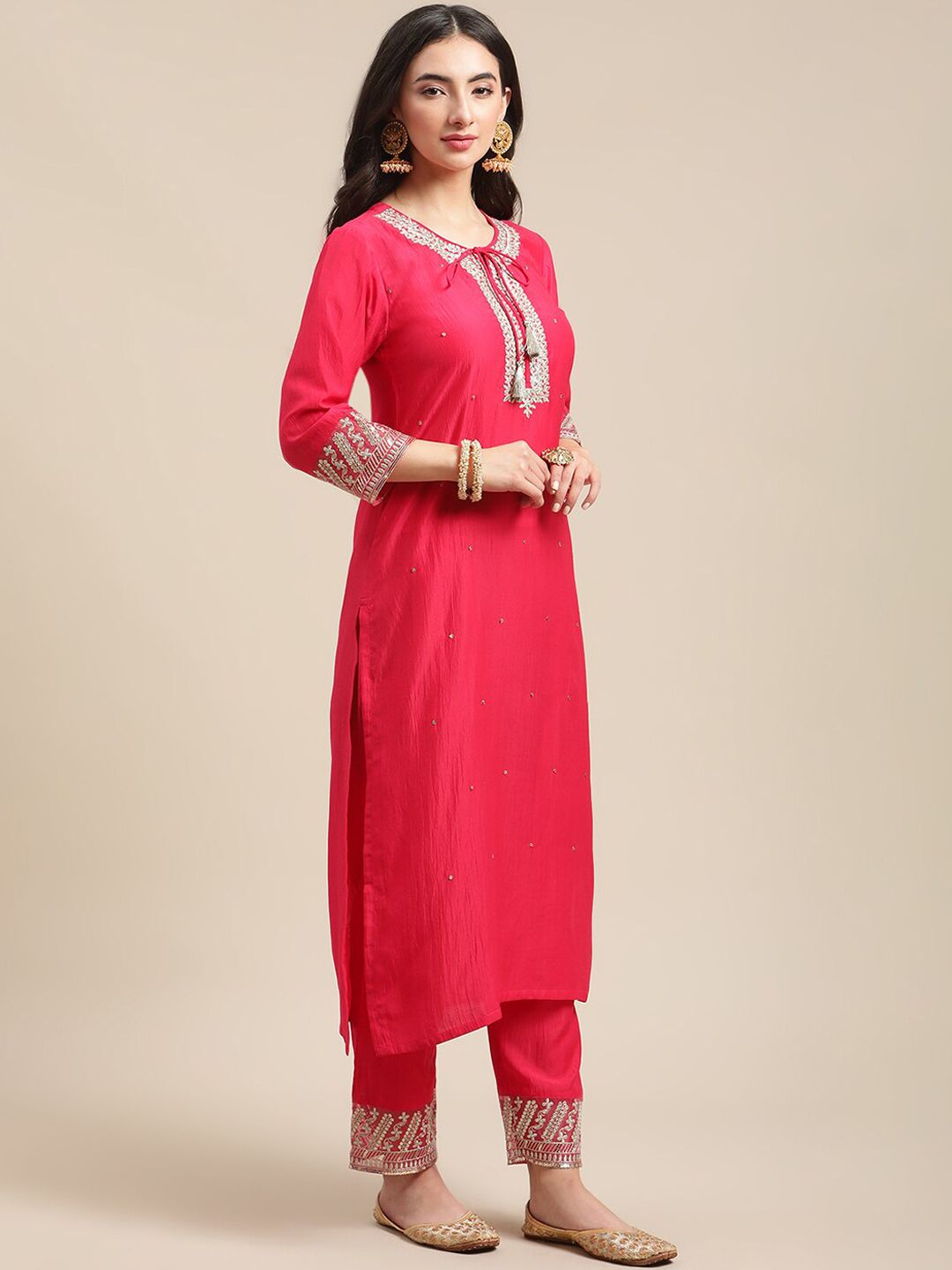 Dhiyona VA Women's Pink Ethnic Motifs Straight Kurta with Trousers & Dupatta