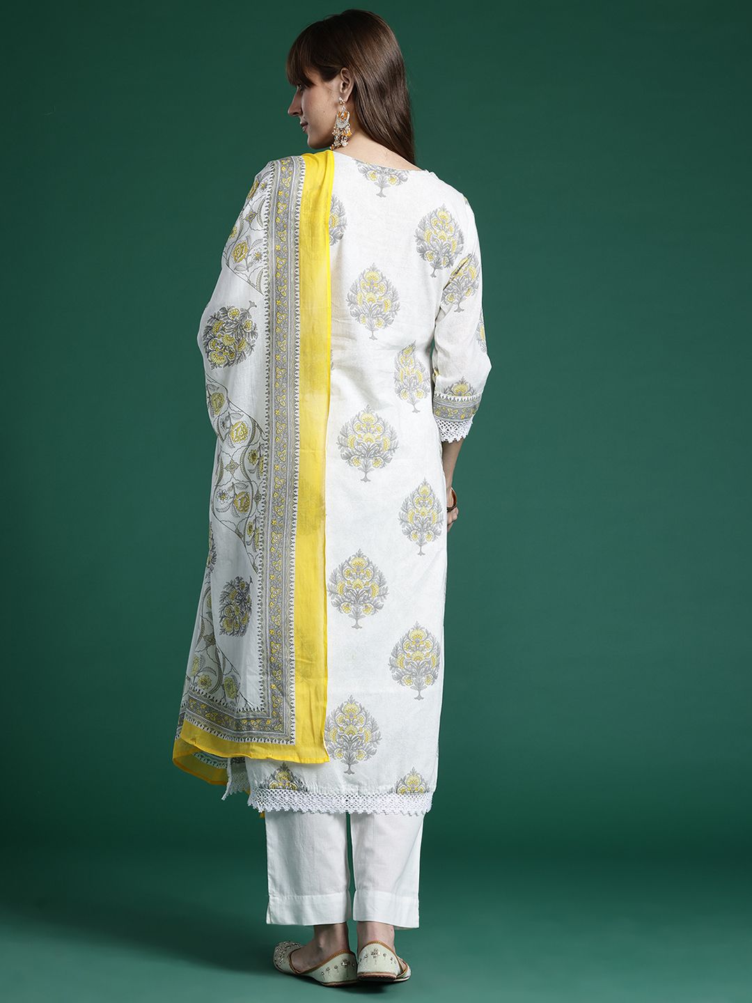 Dhiyona IE Ethnic Motifs Printed Sequinned Pure Cotton Kurta With Trousers & Dupatta