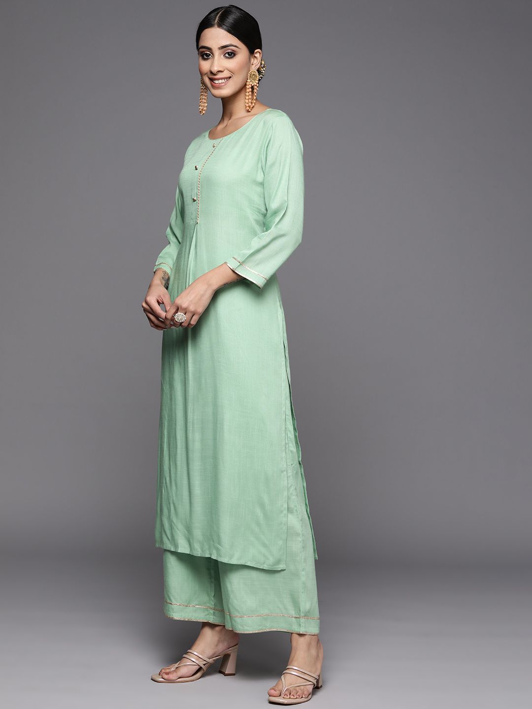 Dhiyona VA Women's Green Solid Gotta Patti Detail Empire Kurta with Palazzos & With Dupatta