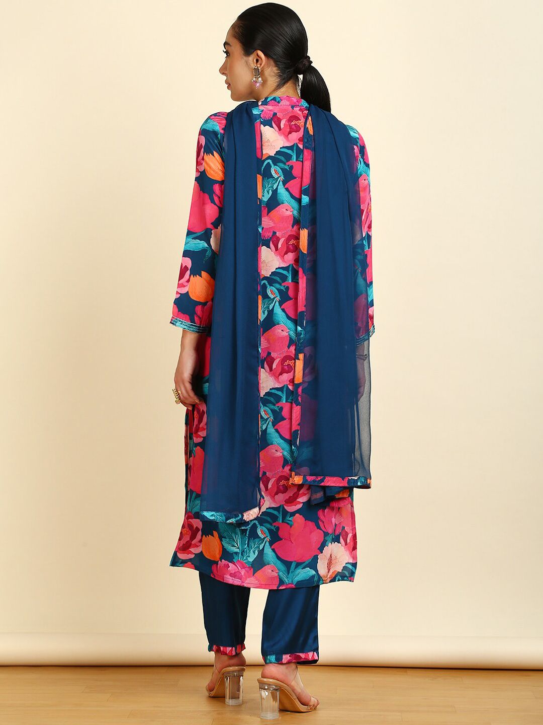 Dhiyona SO Women's Floral Printed Straight Mirror Work Kurta With Trousers & Dupatta