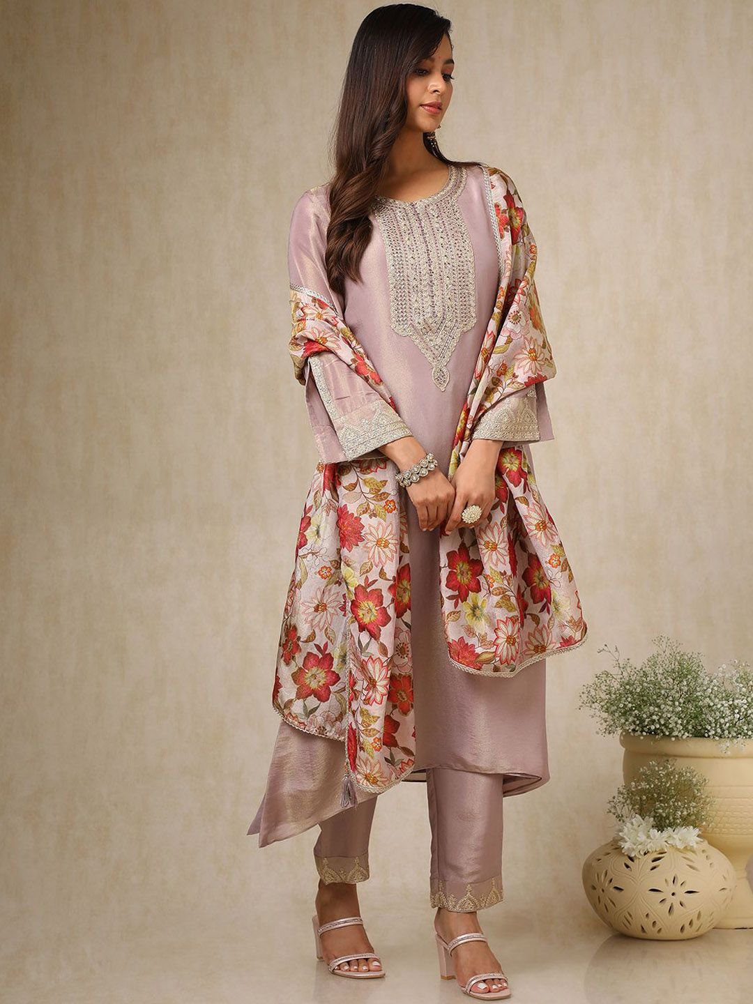 Dhiyona SO Women's Women Floral Yoke Design Angrakha Sequinned Kurta with Trousers & With Dupatta