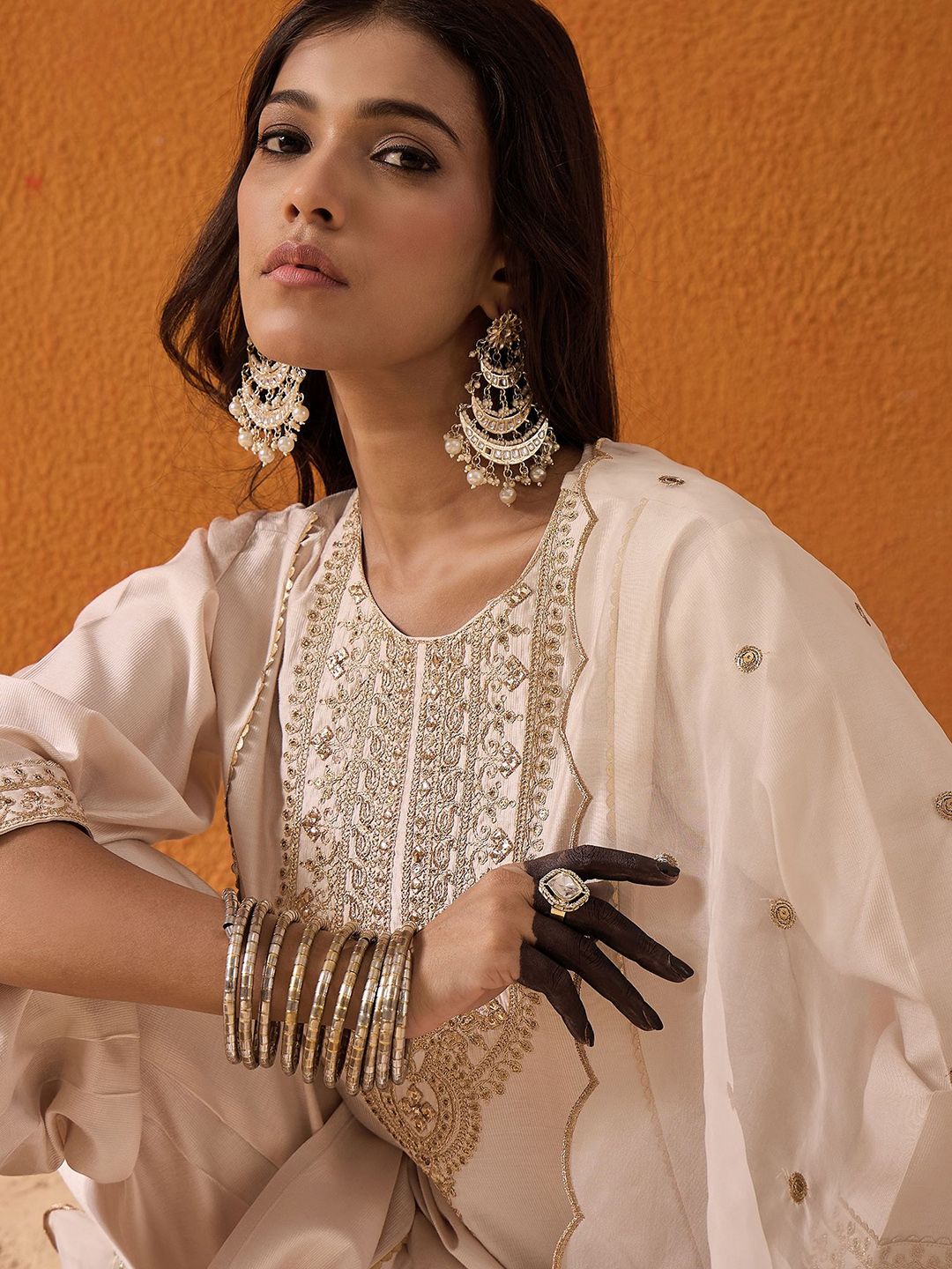 Dhiyona IE Off White Ethnic Motifs Embroidered Panelled Zari Kurta With Trousers & Dupatta