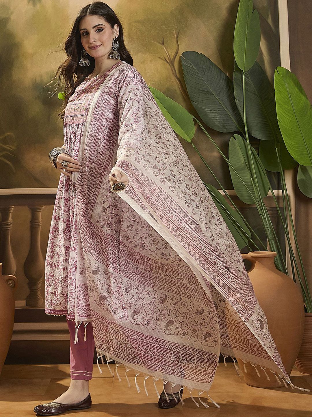 Dhiyona SN Women's Floral Printed Round Neck Kurta Trouser With Dupatta.