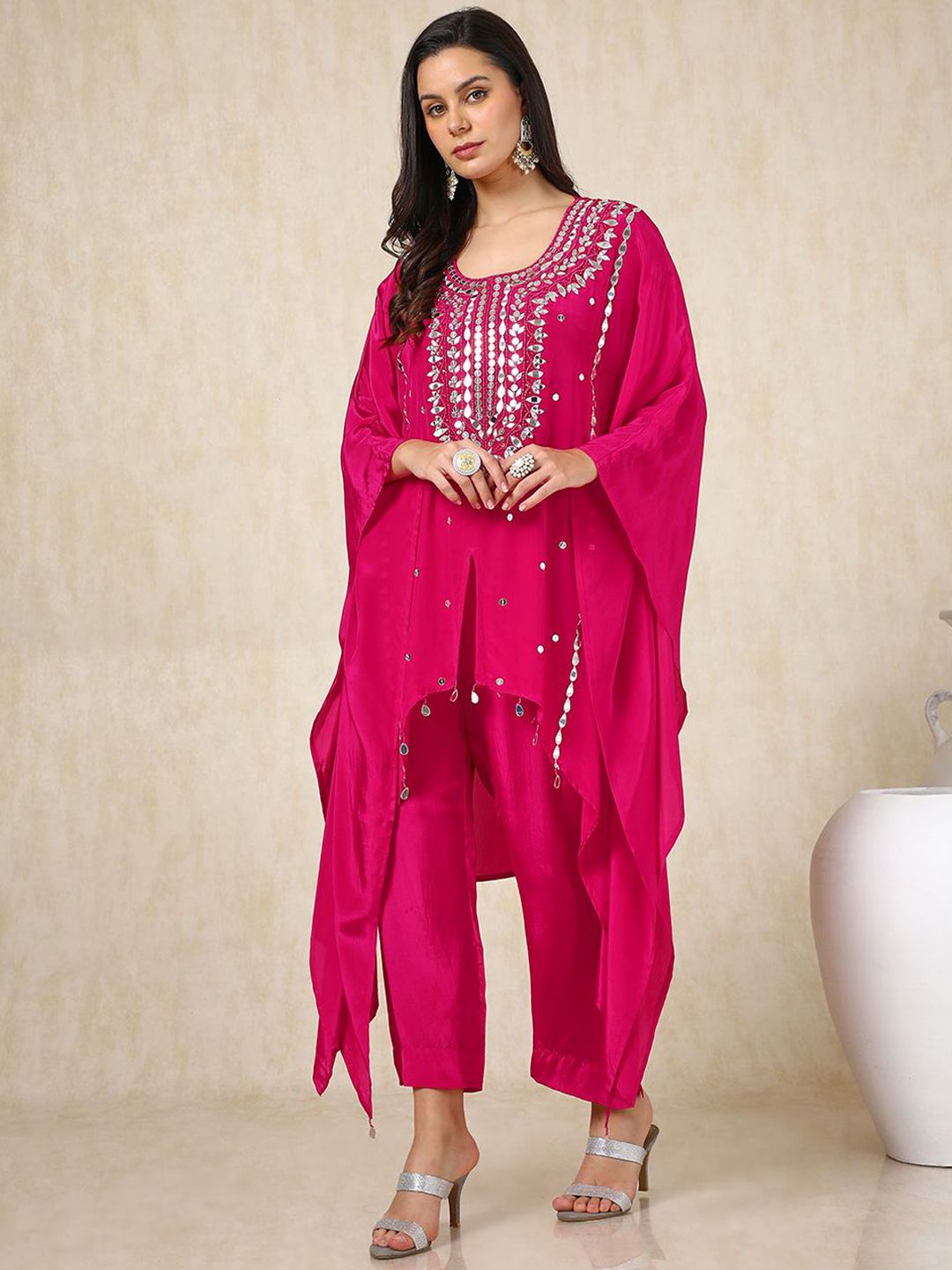 Dhiyona SO Women's Mirror Embroidered Regular Mirror Work Kaftan Kurta with Palazzos