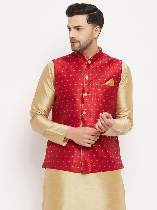 Men's Gold Silk Blend Straight Jacket  Kurta and Dhoti Set