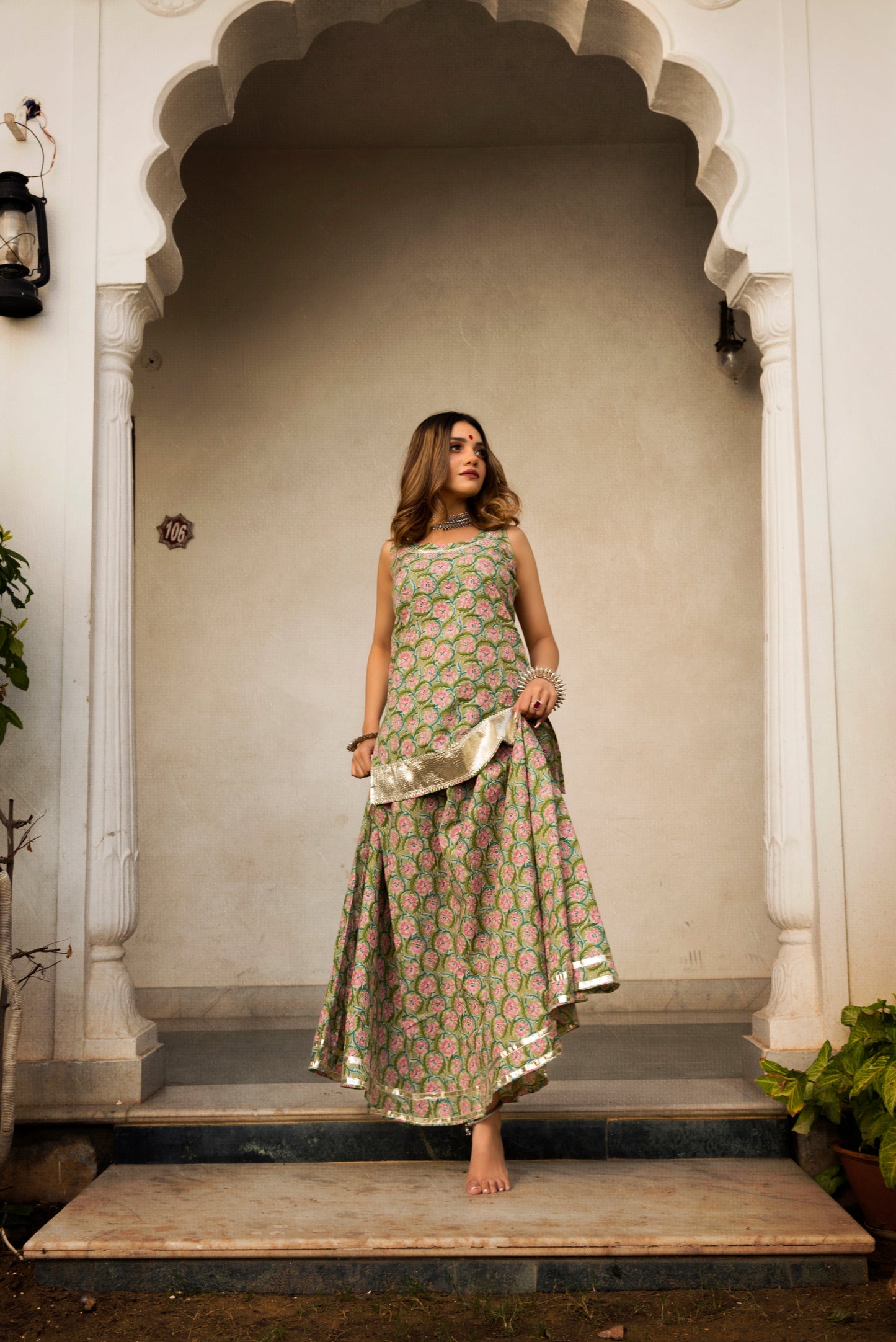 Hand Block Print Cotton Kurta Skirt Set