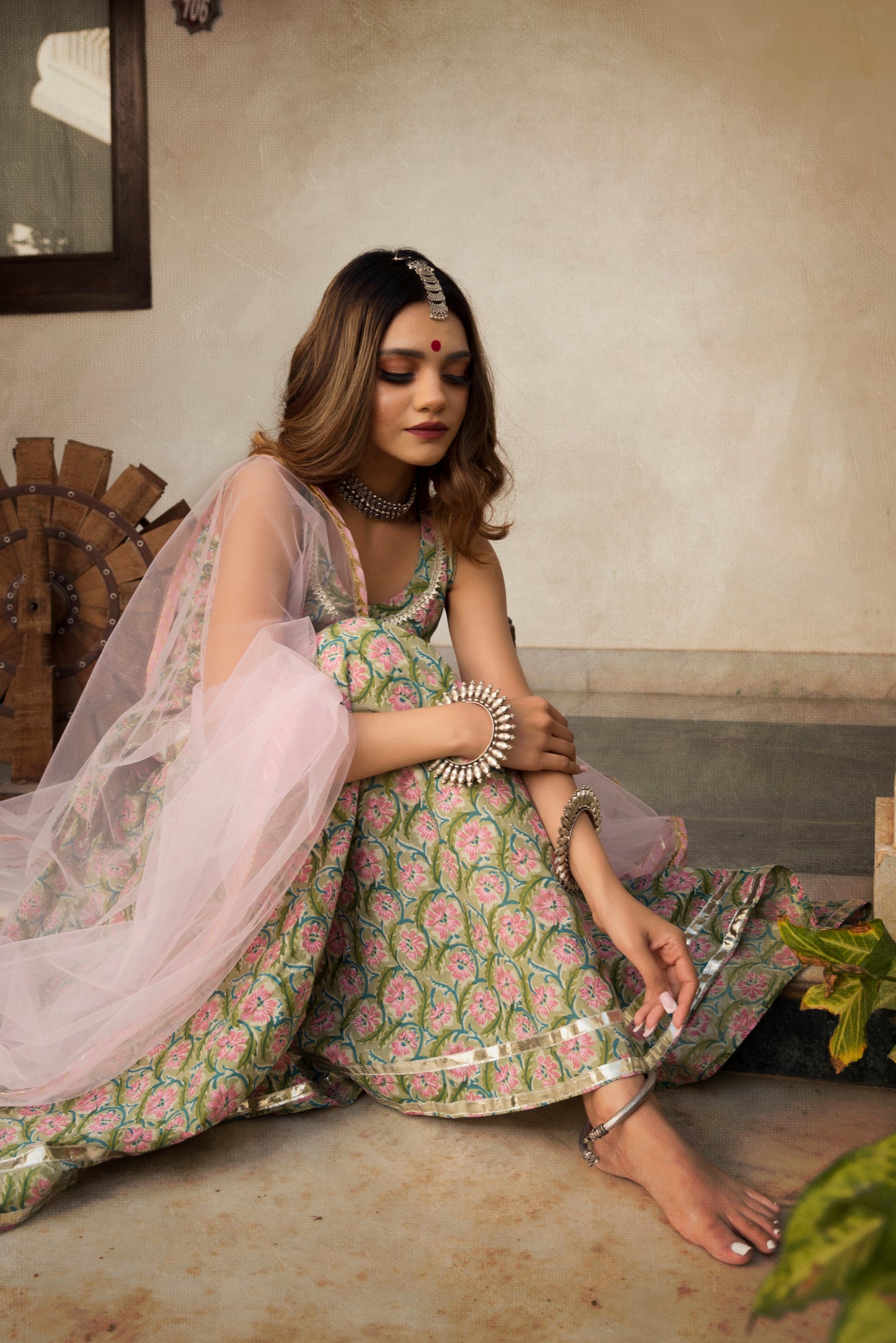 Hand Block Print Cotton Kurta Skirt Set