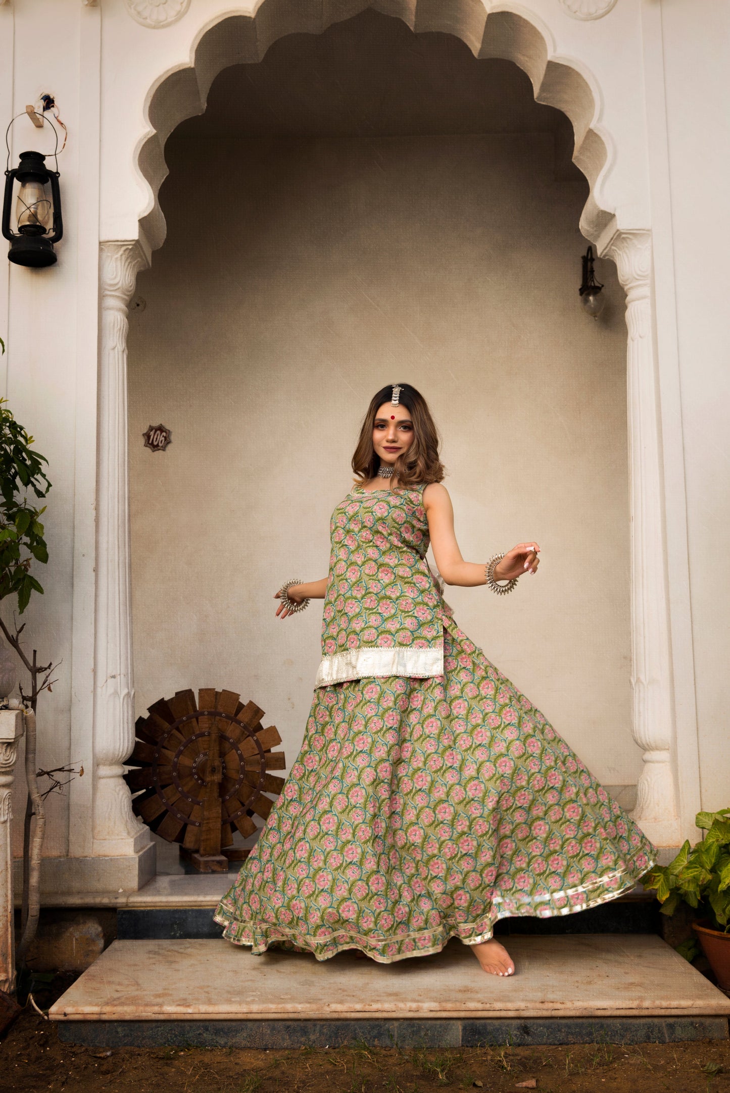 Hand Block Print Cotton Kurta Skirt Set