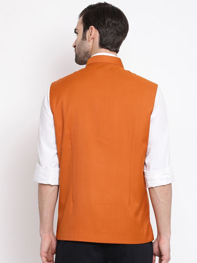 Men's Orange Cotton Silk Straight Nehru Jacket