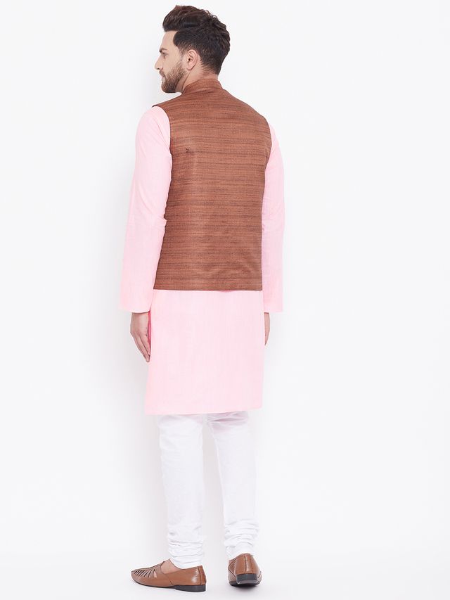 Men's Pink Cotton Blend Straight Jacket Kurta and Pyjama Set