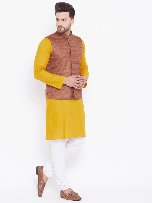 Men's Mustard Cotton Blend Straight Jacket Kurta and Pyjama Set