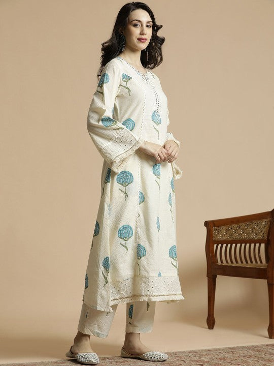 Women's White & Blue Floral Printed Notch Neck Thread Work Cotton A-Line Kurta & Trouser