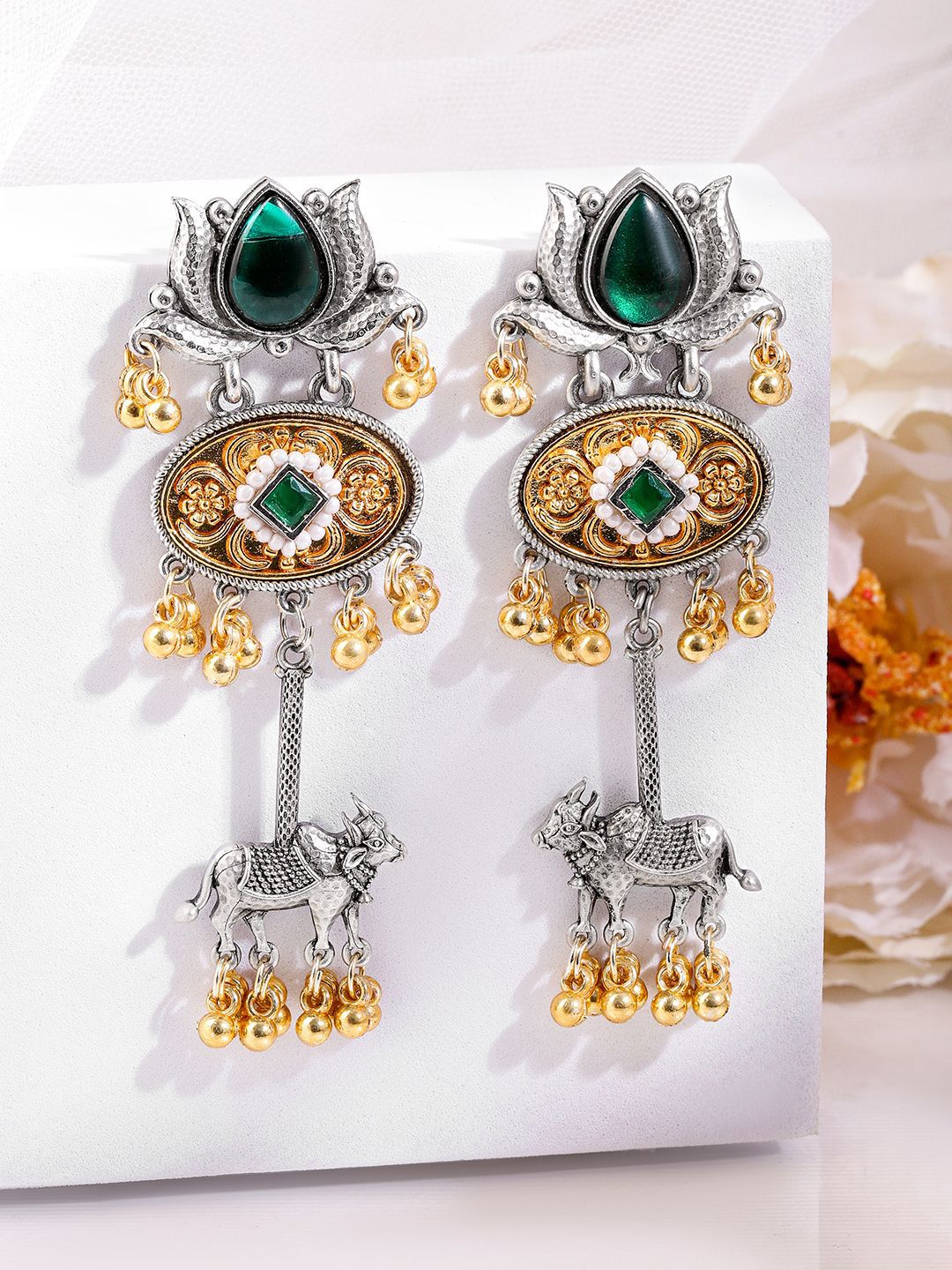 Dhiyona RJ Women's Silver & Gold Dual-Plated Oxidised Emerald Green Lotus Motif Cow Design Earrings
