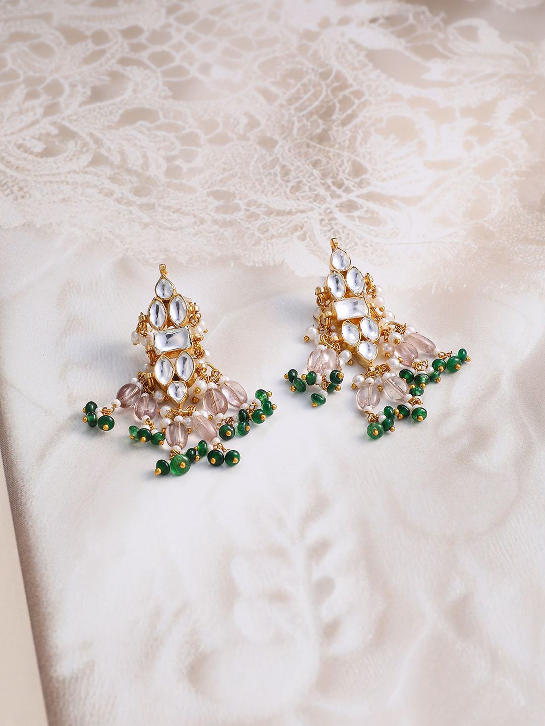 Dhiyona RJ Women's 24K Gold-Plated Pachi Kundan Choker Set with Light Gold Beads & Green Accents