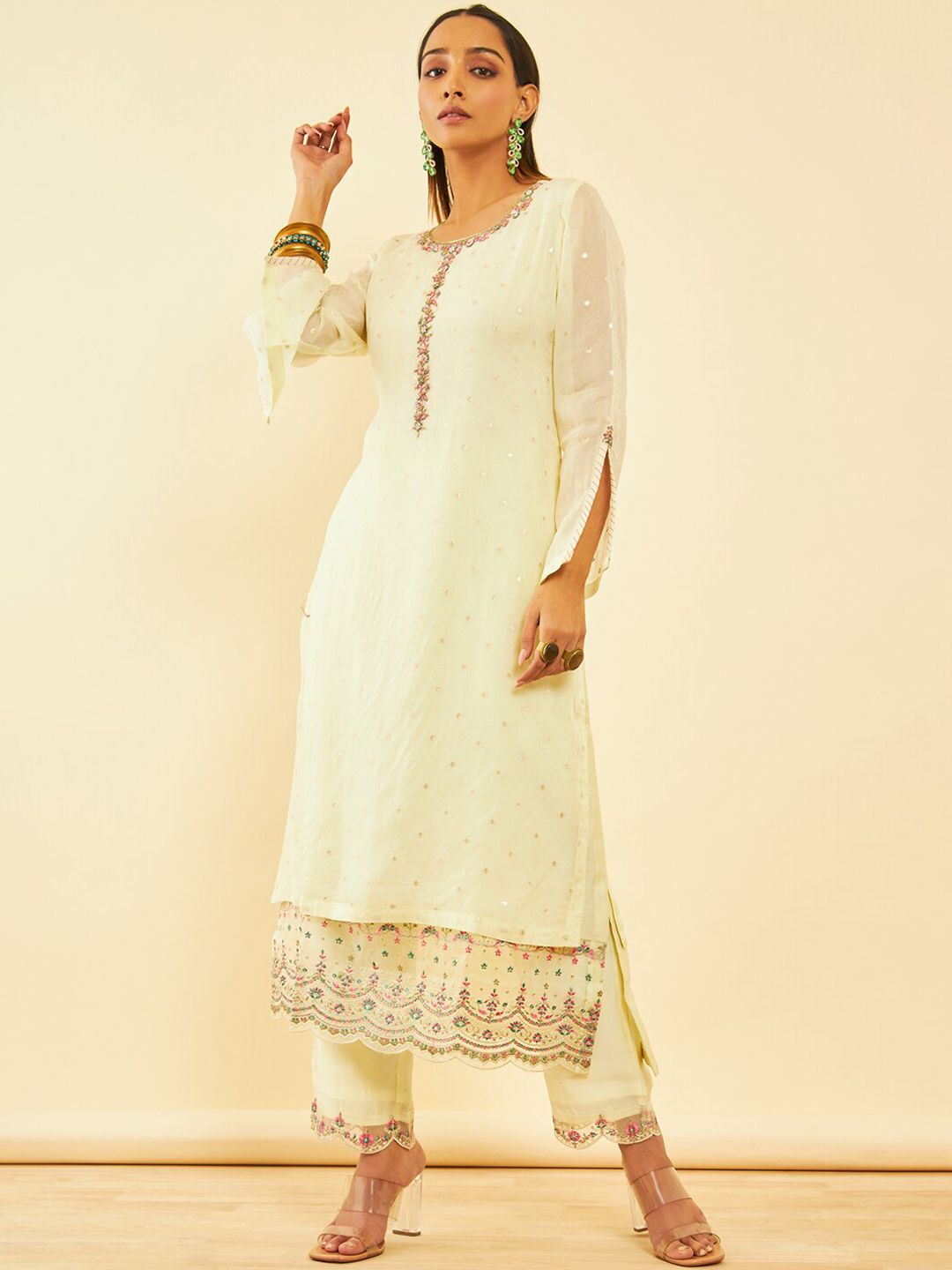 Dhiyona SO Women's Floral Embroidered Layered Thread Work Kurta with Trousers & Dupatta