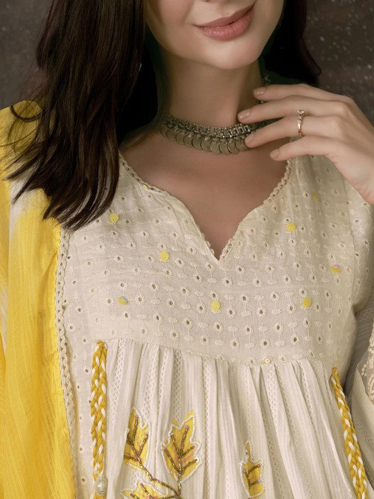 Women's Embroidered Pleated Chikankari Pure Cotton A-Line Kurta With Trousers & Dupatta