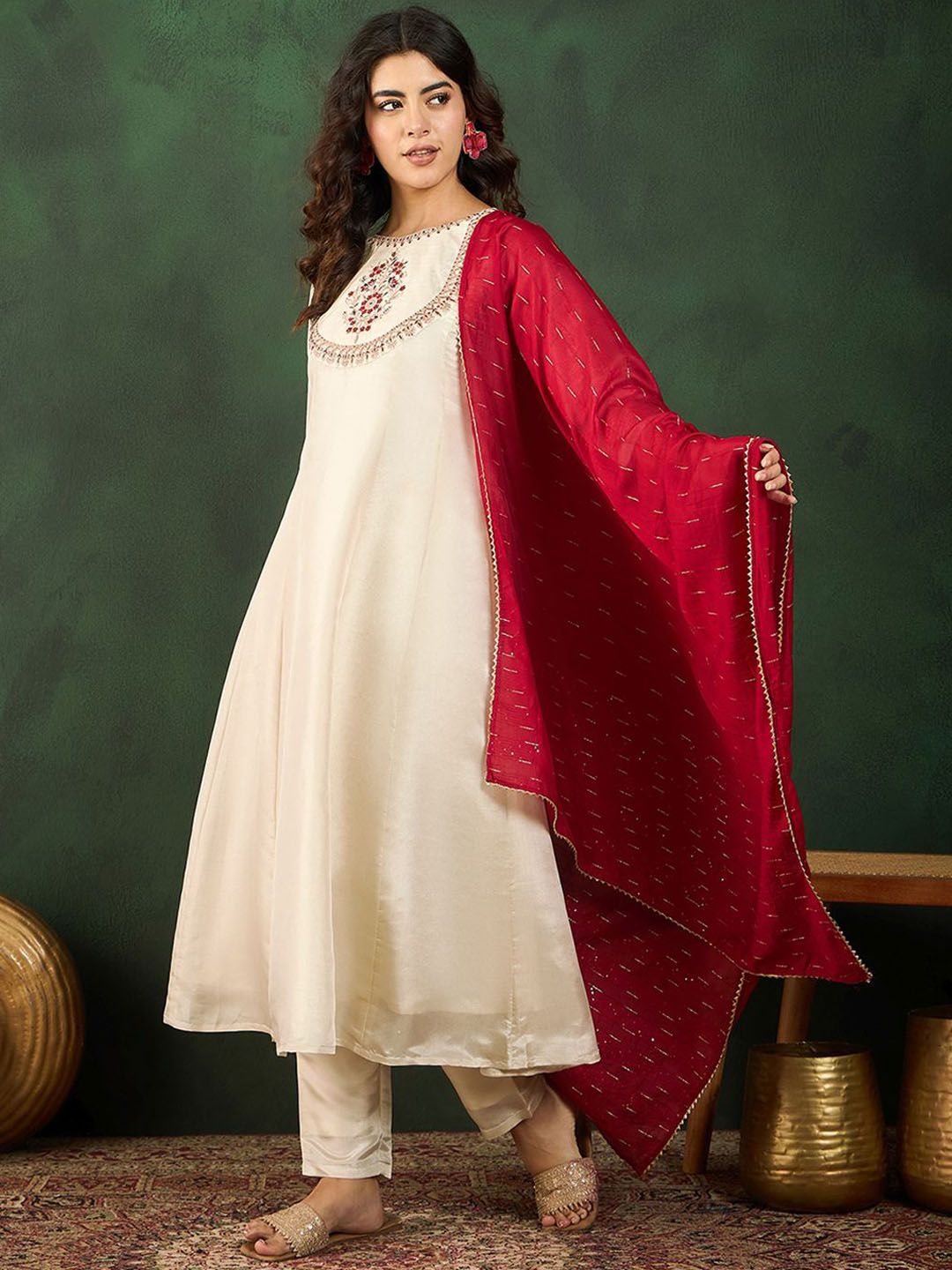 Dhiyona SN Women's Round Neck Embroidered A-Line Kurta Sets