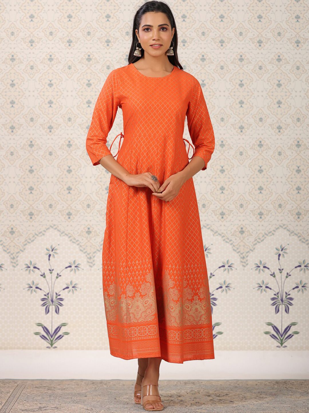 Dhiyona OD  Orange Coloured Ethnic Motifs Woven Design Anarkali Kurta