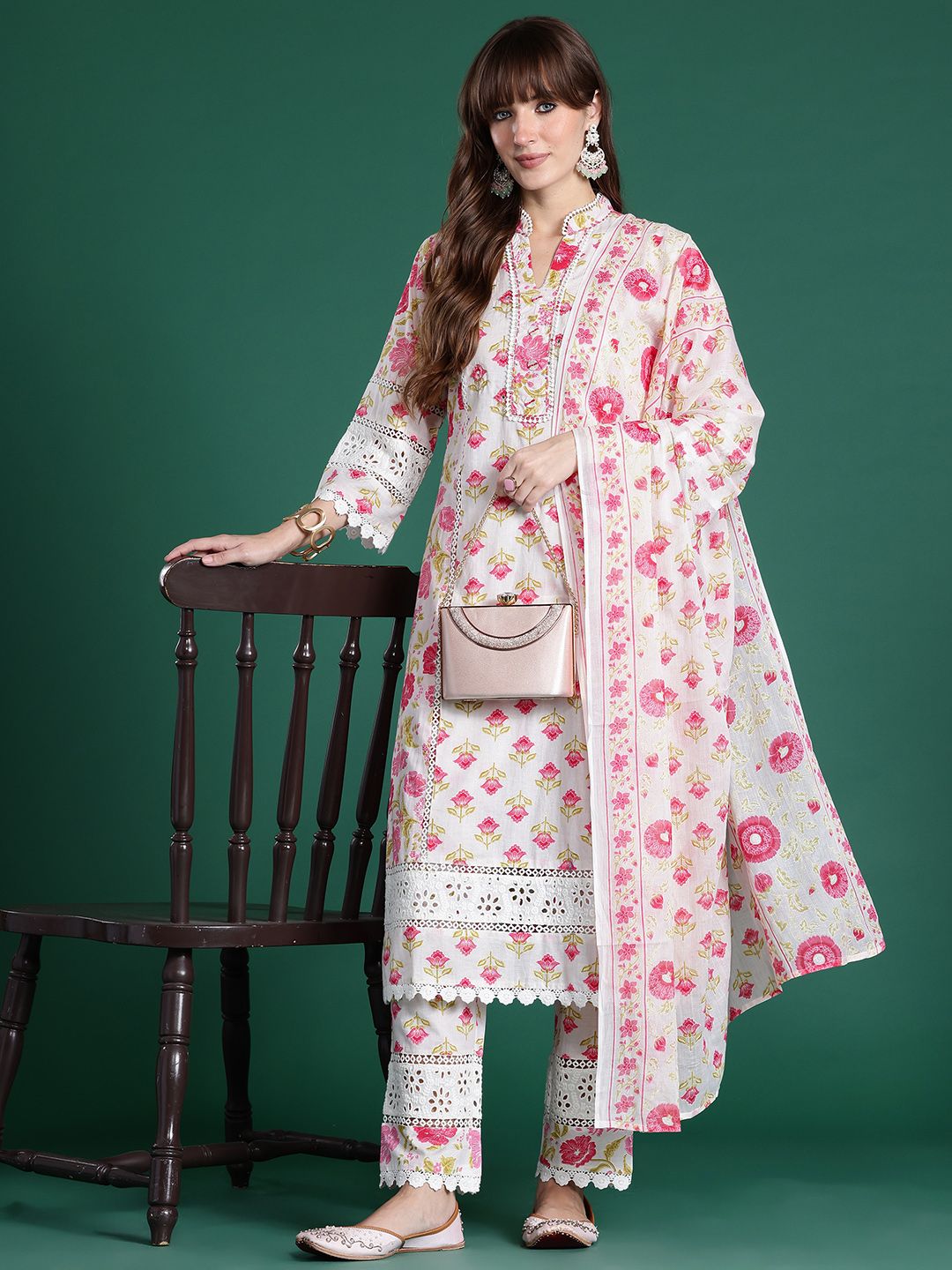 Floral Embroidered Pure Cotton Kurta with Trousers & Dupatta