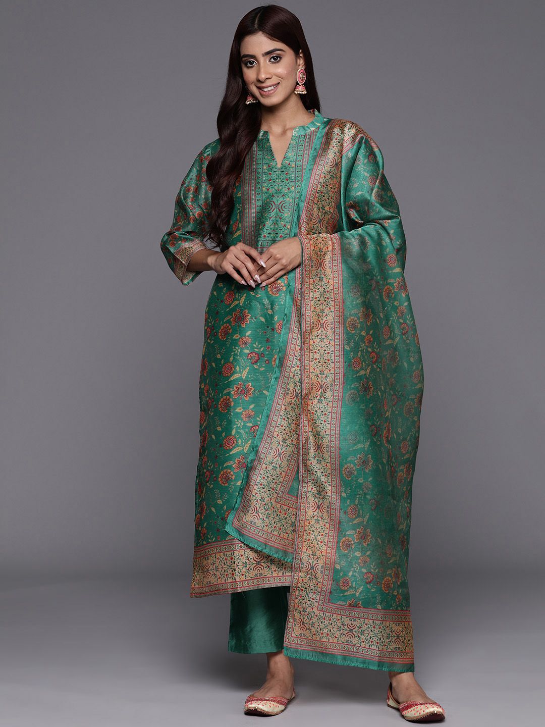 Dhiyona VA Women's Floral Printed Regular Chanderi Silk Kurta with Trousers & Dupatta
