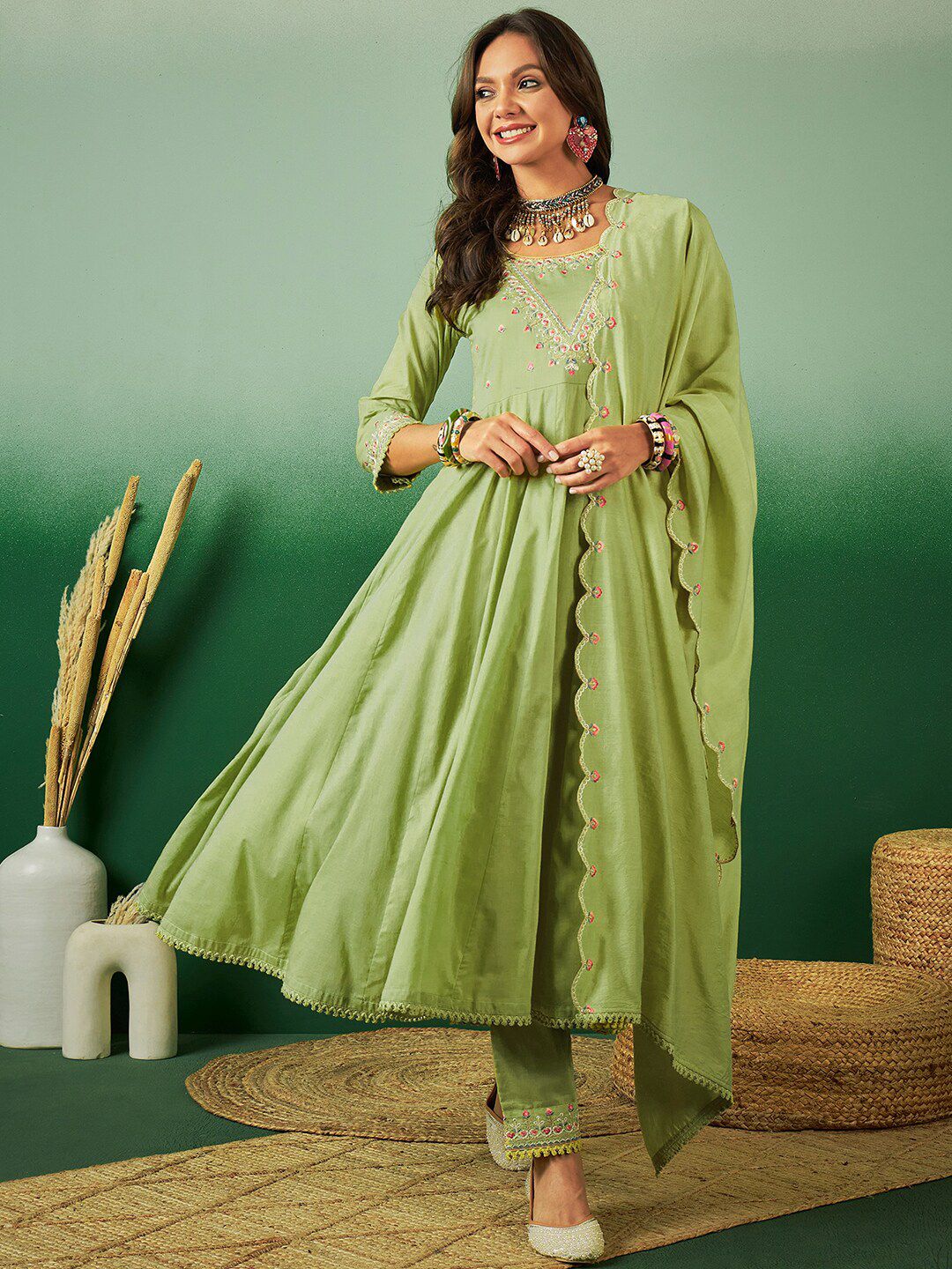 Dhiyona SN Women's Sequence Embroidered Pure Cotton Anarkali Kurta With Trousers & Dupatta