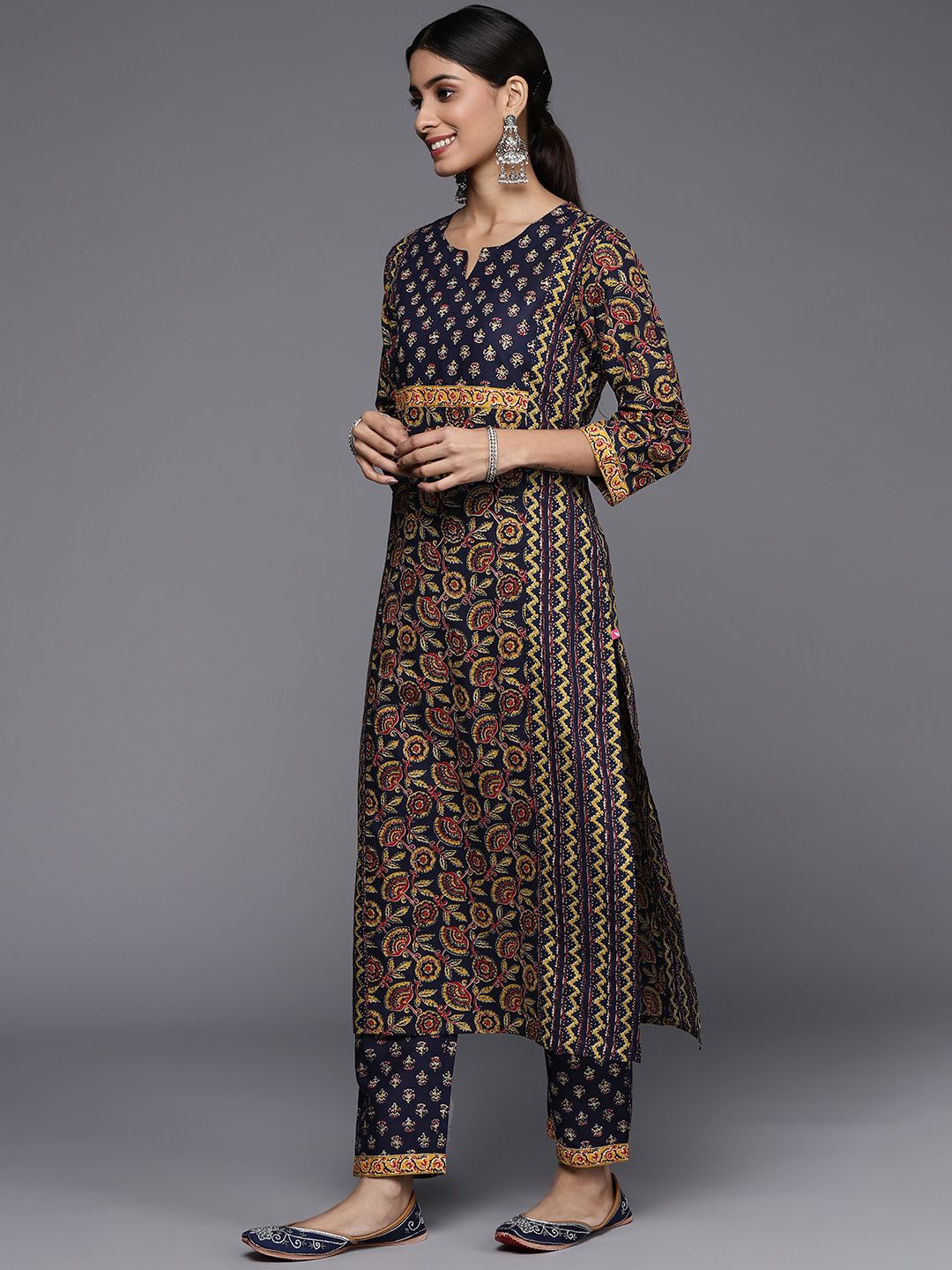 Dhiyona VA Women's Navy Blue Ethnic Motifs Printed Pure Cotton Kurta with Trousers & With Dupatta