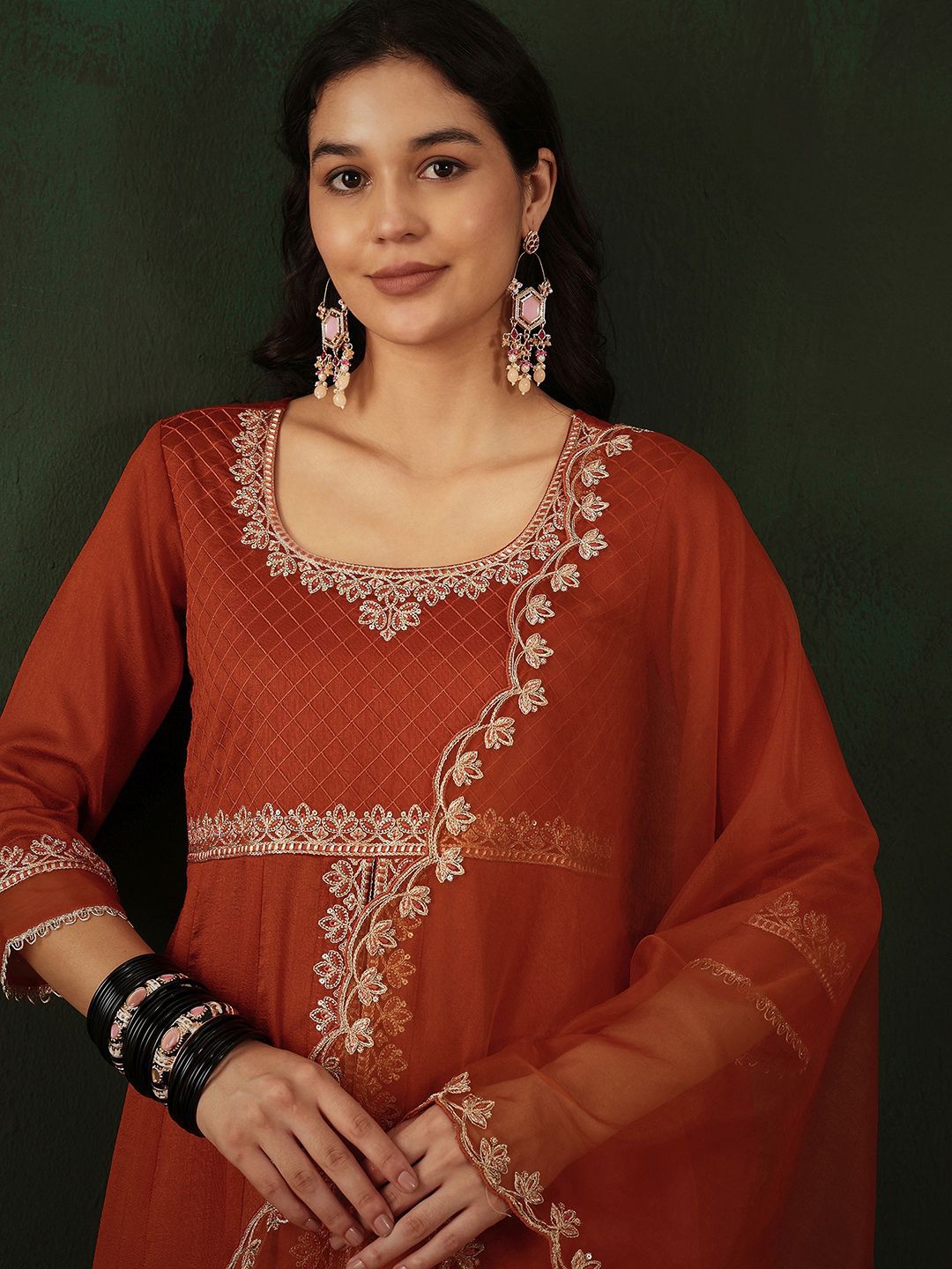 Dhiyona SN Women's Sequence Embroidered Front Slit Kurta With Trousers & Dupatta