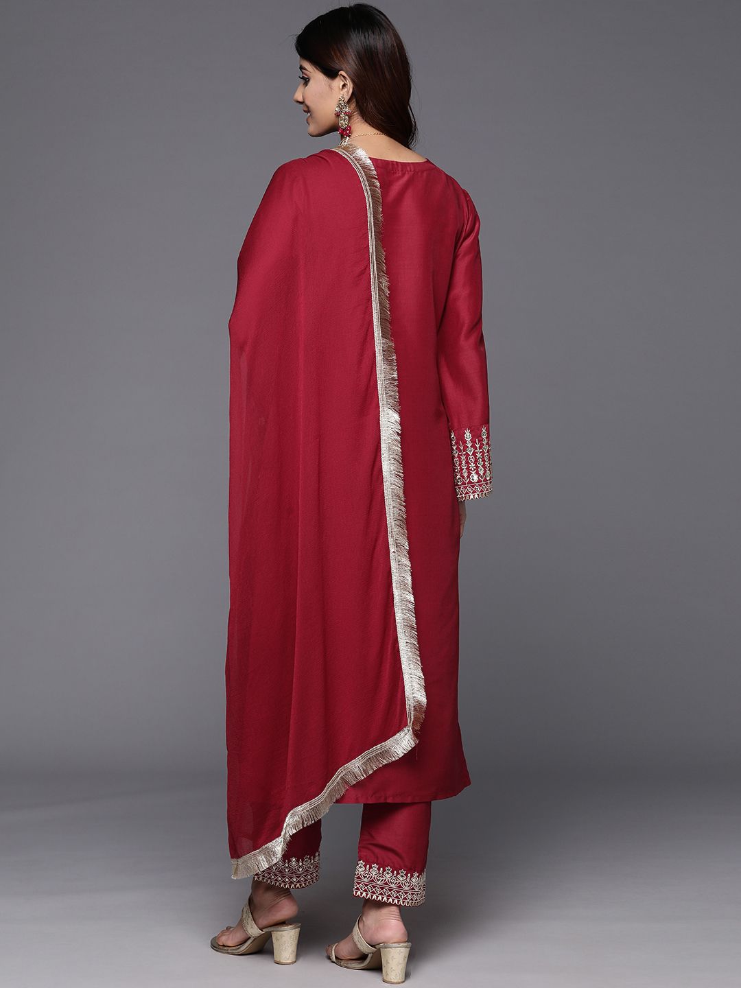 Dhiyona VA Women'sFloral Embroidered Zari Kurta with Trousers & Dupatta